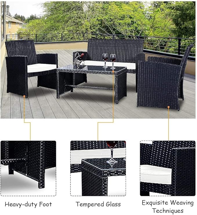 LDAILY LUARANE 4-Piece Rattan Sofa Set w/Soft Weather Resistant Cushions and Tempered Glass Tabletop, Outdoor Patio Furniture Set for Garden, Poolside, Weaving Rattan Conversation Sofa