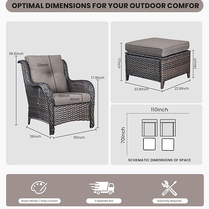 Belord Wicker Furniture 4 Pieces Outdoor Patio Furniture Set Patio Chairs with Ottomans Conversation Set for Porch Garden Deck Balcony Poolside