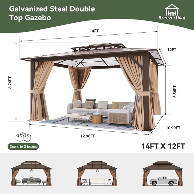 12’x14’ Hardtop Gazebo with Double Polycarbonate Roof Outdoor Metal Gazebo Sturdy Aluminum Frame & Removable Curtains, Netting Permanent Pavilion Pergola for Garden,Patio,Lawn (Brown)