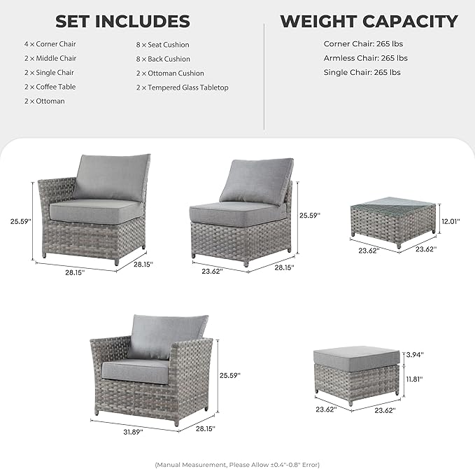 12 Pieces Outdoor Furniture Patio Sectional Sofa Couch Gray PE Wicker Conversation Sets with Ottomans Glass Coffee Table for Garden Poolside Backyard