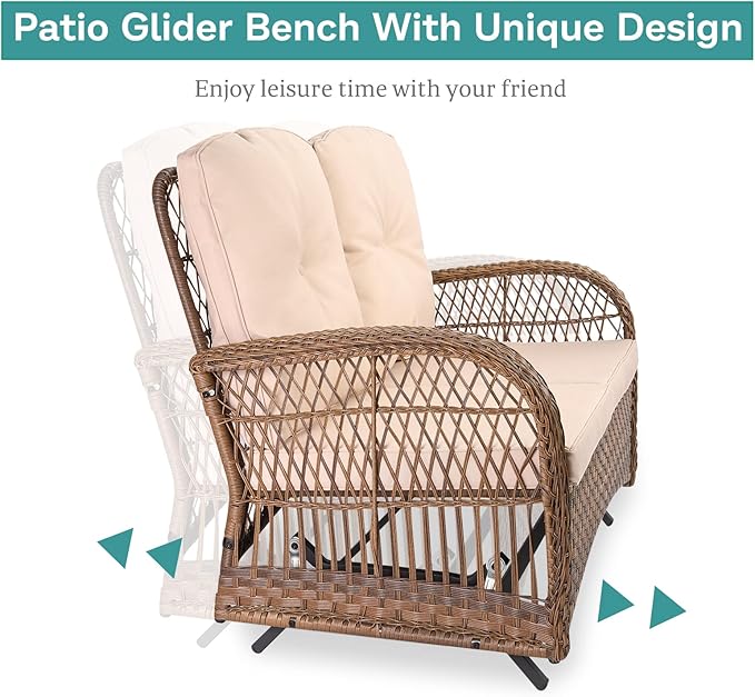 MEETWARM 5-Piece Outdoor Wicker Patio Conversation Set With Glider Loveseat, 2 Chairs, 2 Glass-Top Coffee Tables, Thickened Cushions - Beige