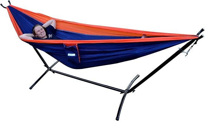 Double Nylon Hammock with Portable Hammock Stand,Orange/Navy