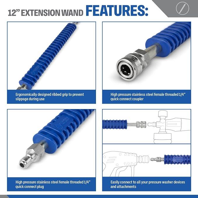 ESSENTIAL WASHER 12" Pressure Washer Extension Wand - Stainless Steel Power Washer Wand with Molded Grip - Short Pressure Washer Wand Replacement - Stainless Steel 1/4” QC Plug & Coupler Preinstalled