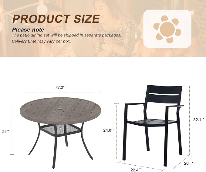 VICLLAX Patio 7 Pieces Outdoor Dining Set, Wrought Iron Metal Outdoor Table and Chairs Set, 47" Round Table with Umbrella Hole and 6 Stackable Chairs for Lawn, Garden, Porch, Grey/Black