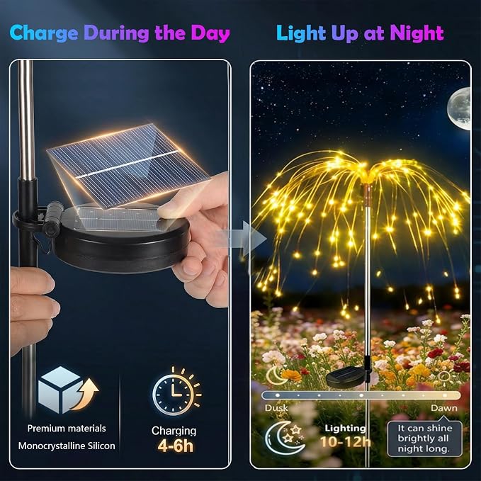 Solar Firework Lights Outdoor, Adjustable 32" to 51" Extra Tall, 200 LED Stainless Steel 3-Section Pole, 8 Modes Waterproof Starburst Garden Lights for Yard Pathway Walkway Decor(Warm White 4 Pack)