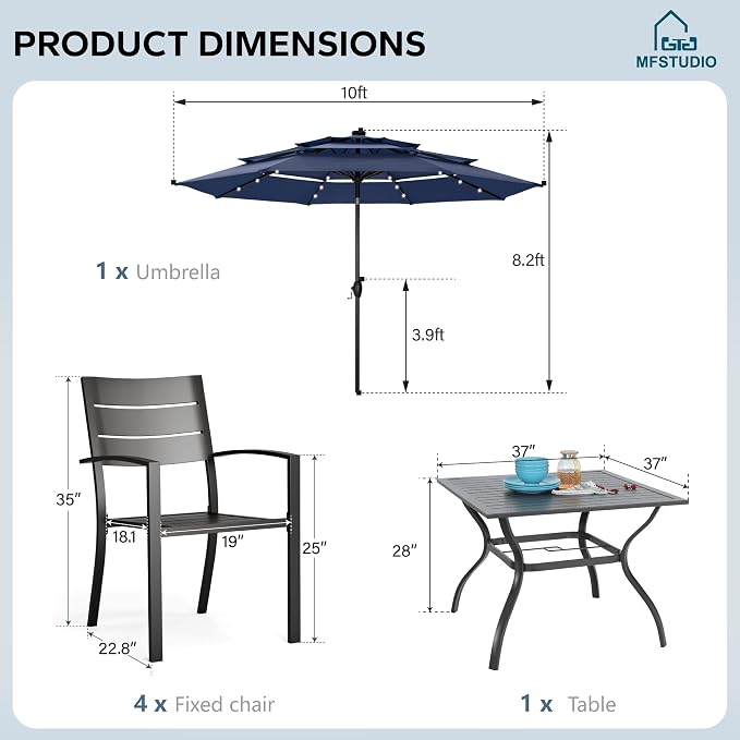 MFSTUDIO Outdoor Dining Set with Umbrella, Metal Patio Dining Set for 4 Persons, 6 Piece Patio Furniture Set with Navy Blue Umbrella (Base not Included)