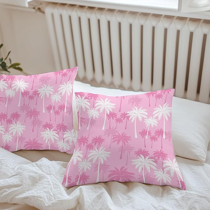 Throw Pillow Covers 16x16 Inch Set of 2, Tropical Palm Tree Waterproof Outdoor Pillow Covers, Magenta Pink Plants Coastal Leaf Beach Decorative Cushion Pillowcases for Couch, Sofa, Bed, Garden, Patio