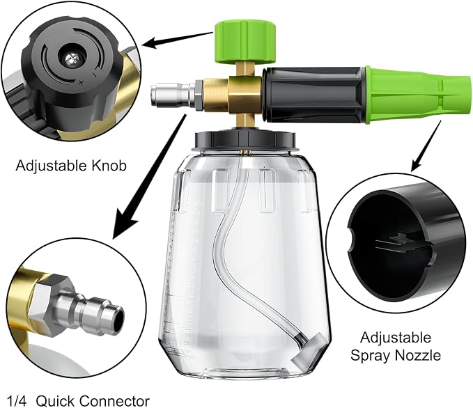 POHIR Short Pressure Washer Gun with Foam Cannon, 1/4 Inch Quick Connector, with 5 Pressure Washer Nozzle Tips 4500 PSI,Transparent 1 Liter