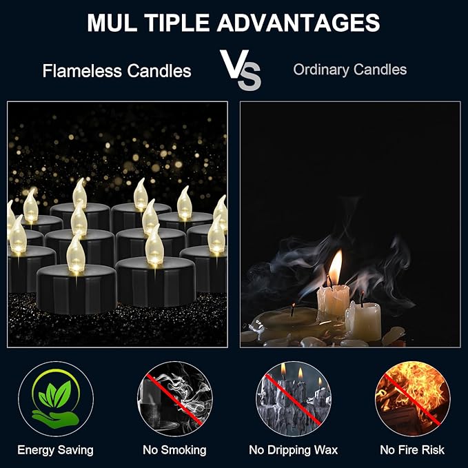 Hanzim Battery Operated LED Tea Lights: 24PACK Flameless Votive Candles Lamp Realistic and Bright Flickering Holiday Gift Long Lasting 200Hours for Seasonal & Festival Celebration Black