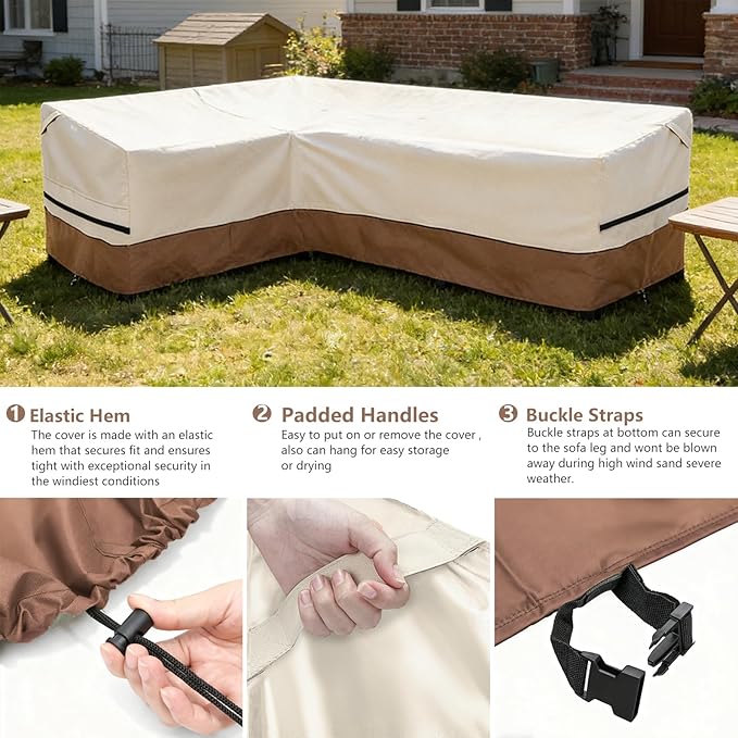 okcool Outdoor Sectional Sofa Cover Waterproof-L-Shaped Patio Furniture Covers for 4-Seater Outdoor Sectional Furniture Couch 58”W (Left Side) x 85”W (Back Length),Beige & Brown
