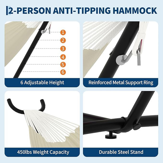 2-Person Hammock with Stand,Portable Double Hammock, Portable & Space-Saving, 450 Lbs, Comfortable Polyester Cotton for Outdoor, Patio, Garden, Camping – Includes Carry Bag