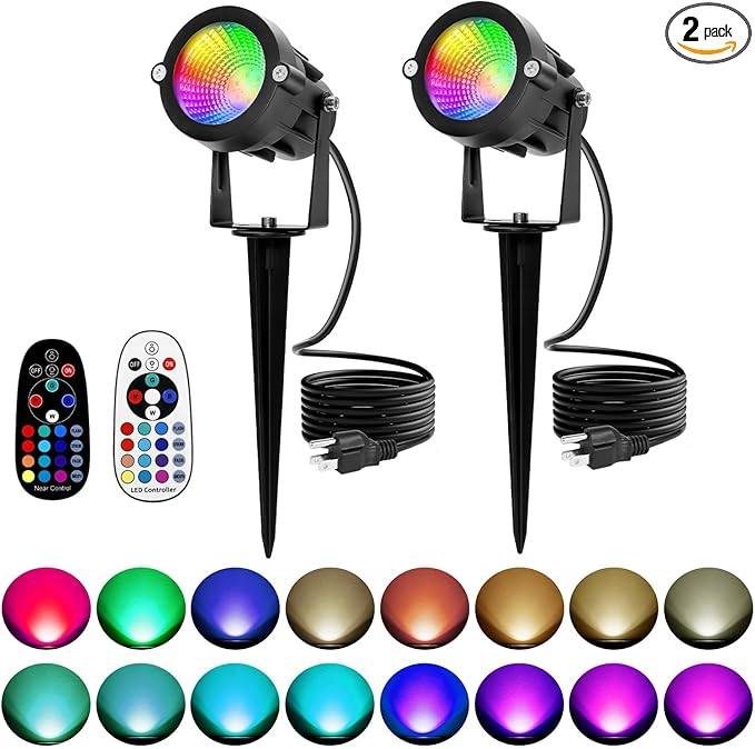 Chrisrmas Spot Lights Outdoor 12W RGBW Color Changing Landscape Lights with Remote Control 120V RGB Landscape Lighting Waterproof Outdoor Spotlight for Yard Garden Patio Lawn Decorative, 2 Pack