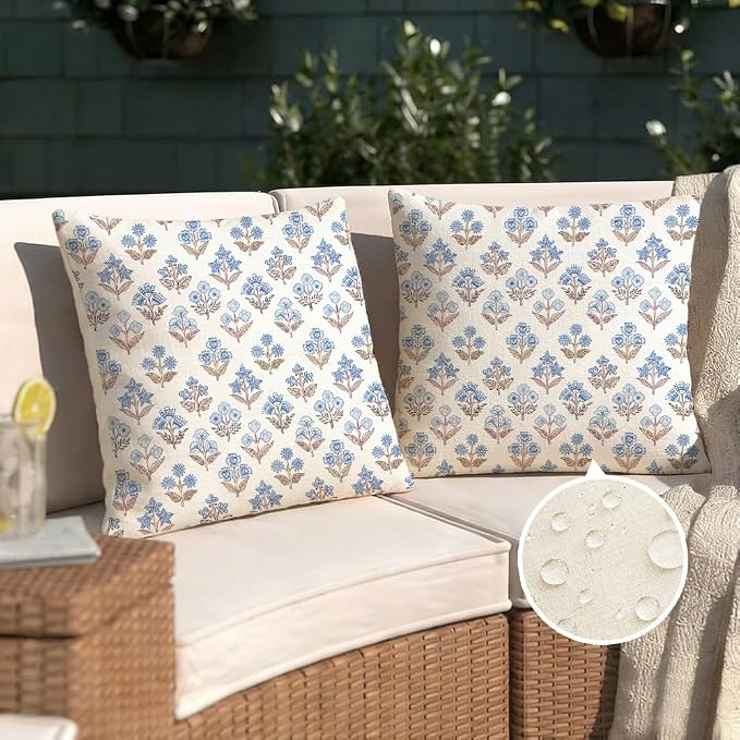 RABUSOFA Blue Floral Pillow Covers 20x20 Inch Set of 2 Outdoor Waterproof Decorative Throw Pillows for Home Spring Summer Decor Couch Patio Funiture Garden Vintage Flower