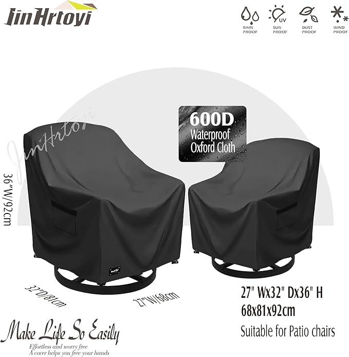JinHrtoyi Outdoor Chair Covers 2 Pack,27Wx32Dx36H inches Patio Chair Cover,100% Waterproof Heavy Duty Outdoor Furniture Covers Waterproof,Black Minimalism Style Patio Furniture Cover