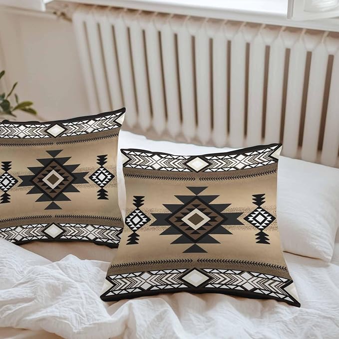 Vandarllin Outdoor Throw Pillows Covers 16x16 inch Set of 2 Waterproof Brown Tribal Style Decorative Zippered Cushion Covers for Patio Furniture, Southwest Native American Lumbar Pillowcases