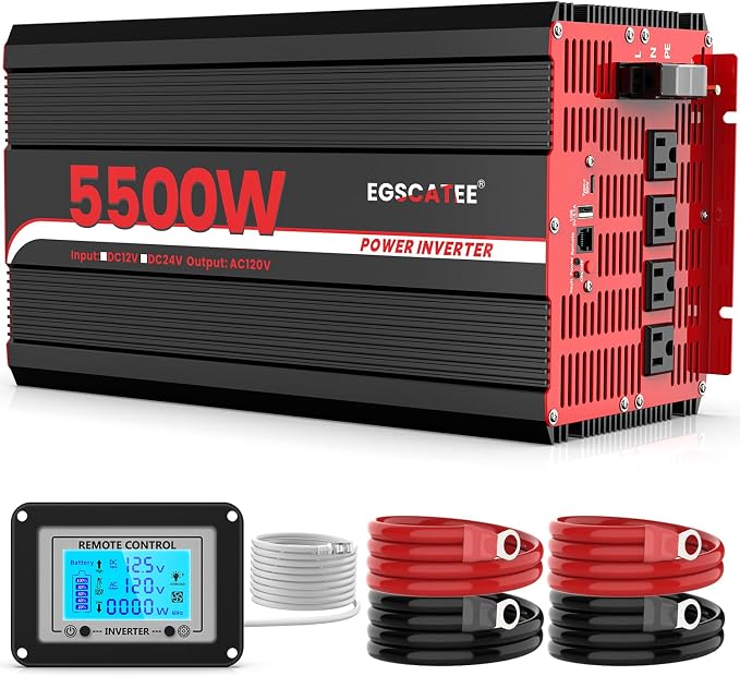 5500W Power Inverter 12V DC to 120V AC, 11000W Peak Off-Grid Solar Converter for 12V Battery Bank, RV, Truck & Home Backup Power System, 4 AC Outlets, USB & Type-C Port, LCD Remote Controller