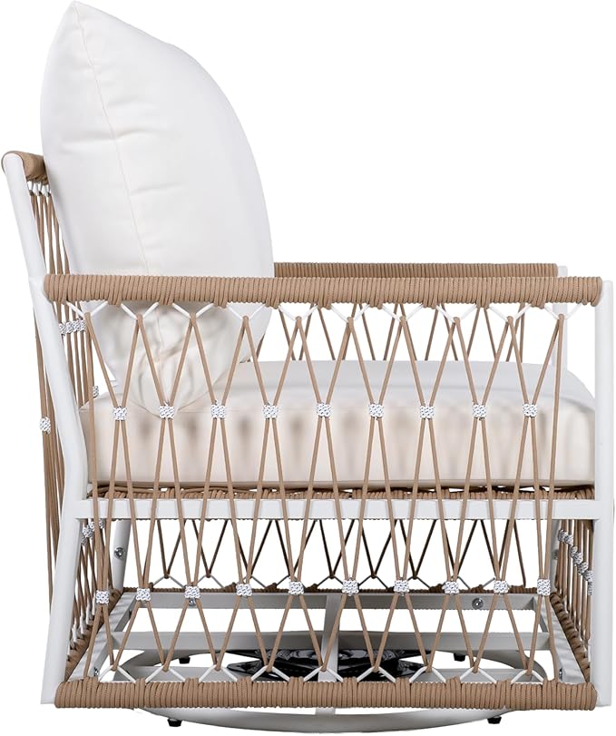 Christopher Knight Home Janna 3-Piece Bohemian Outdoor Patio Furniture Set, Set of 2 Swivel Lounge Chairs with Cushions & Glass Top Side Table, Patio Conversation Set for Garden, Beige + Natural