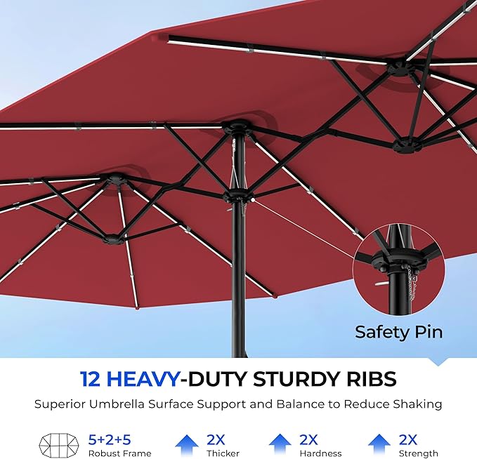 HOMSHADE Double Sided Patio Umbrellas with Base - 15ft RGB Multi-Color Flowing LED Lights Outdoor Extra Large Market Table Umbrella w/Stand, Oversized Umbrella for Deck, Pool, Backyard,Red