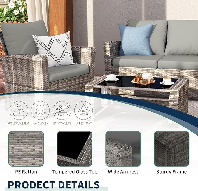 UDPATIO Patio Furniture Set, Outdoor Furniture Sets with Loveseats Sofa, Wicker Rattan Outdoor Conversation Set with Storage CoffeeTable for Backyard, Deck, Porch, Grey/Grey