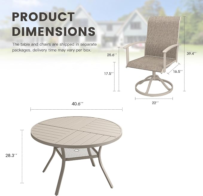 5 Pieces Round Outdoor Table and Chairs Set, Patio Dining Set with 40.6" Round Spliced Outdoor Table and Patio Swivel Chairs for Backyard Lawn Garden, Sandshell Table and Sandshell Chairs