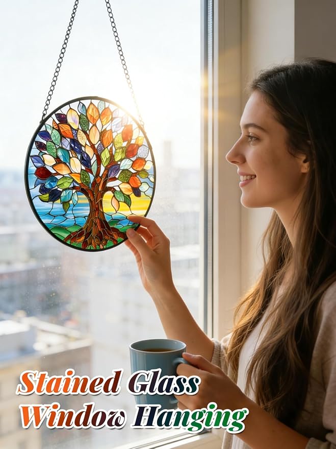 Tree of Life Stained Glass Suncatcher Window Hanging Birthday Gifts | 7.8in Garden Sun Catcher, Colorful Tree Art Sunrise Ornament for Door Home, Gift for Women Men & Mother's Day Christmas