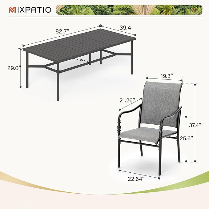 MIXPATIO Patio Table and Chairs Set, 9 Pieces Patio Dining Set with 8 Textilene Chairs, and 83" Rectangular Outdoor Dining Table with Umbrella Hole for Garden Lawn Porch and Backyard Poolside, Grey