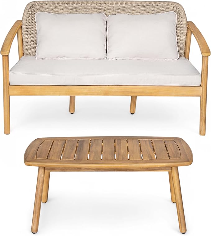 Christopher Knight Home Landon 2 Pieces Patio Conversation Set, Acacia Wood Loveseat and Coffee Table, Woven Rope Couch, Slat Wood Accent Table, Sofa and Table Set for Garden Balcony Yard, Teak+Beige