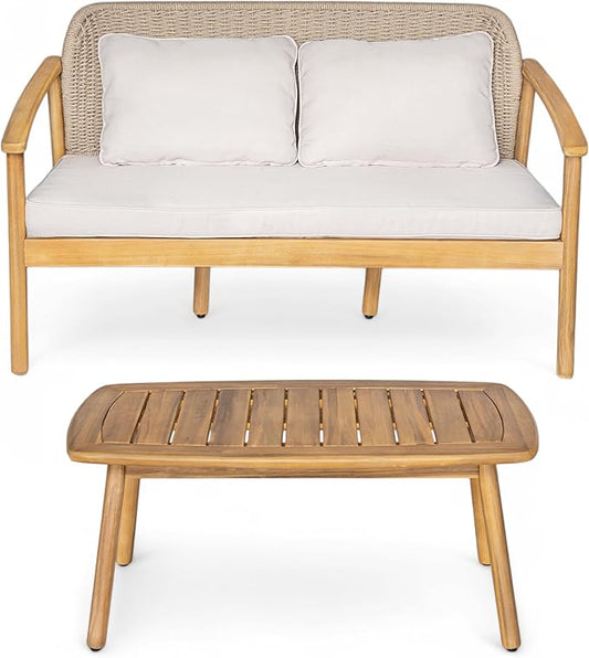 Christopher Knight Home Landon 2 Pieces Patio Conversation Set, Acacia Wood Loveseat and Coffee Table, Woven Rope Couch, Slat Wood Accent Table, Sofa and Table Set for Garden Balcony Yard, Teak+Beige