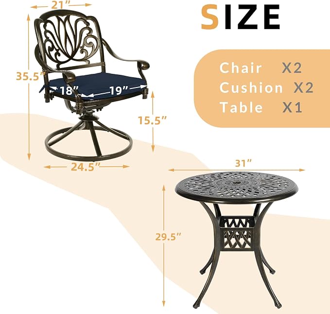 3-Piece Outdoor Patio Dining Set, All-Weather Cast Aluminum Patio Furniture Set for Backyard Garden Deck with 2 Swivel Cushioned Chairs and 31” Round Table, 2" Umbrella Hole, Navy Blue