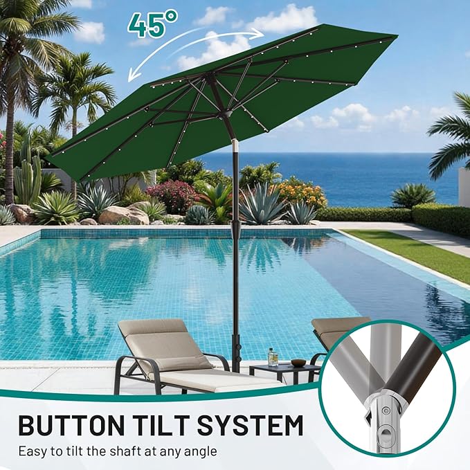 AreShark 9FT Patio Umbrella with Solar Lights, 32 Lighted Pool Umbrella w/Tilt and Crank, Outdoor Market Solar Umbrellas for Garden, Deck, Backyard, Pool and Beach, Dark Green