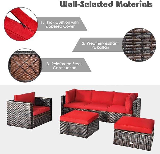 HAPPYGRILL 6PCS Patio Conversation Set Outdoor Furniture Set Rattan Wicker Sectional Sofa Set with Soft Cushions Coffee Table Ottoman for Backyard Garden Poolside