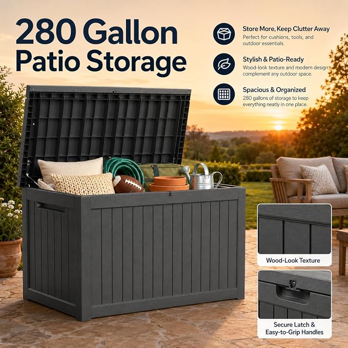 Outdoor Deck Patio Storage Box - 280 Gallon Large Outdoor Deck Box, Plastic Storage Bin with Lid, Outside Toy Box & Pool Storage Container for Cushions, Garden Tools, Towel, Black