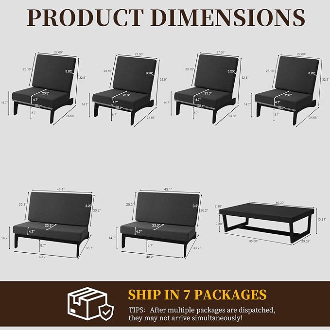 UIXE 7 Pieces Black Wood Patio Furniture Sets, 2 Patio Loveseat, 4 Patio Bistro Chair, All Weather Outdoor Sectional Sofa Furniture Backyard Conversation Set with Coffee Table - Dark Gray