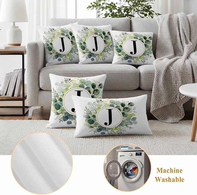 Letter J Waterproof Outdoor Pillow Covers Set of 2 Home Decor, Alphabet Green Eucalyptus Leaves Pillowcase Patio Pillow Covers for Couch Bench Patio Furniture Garden 18x18in