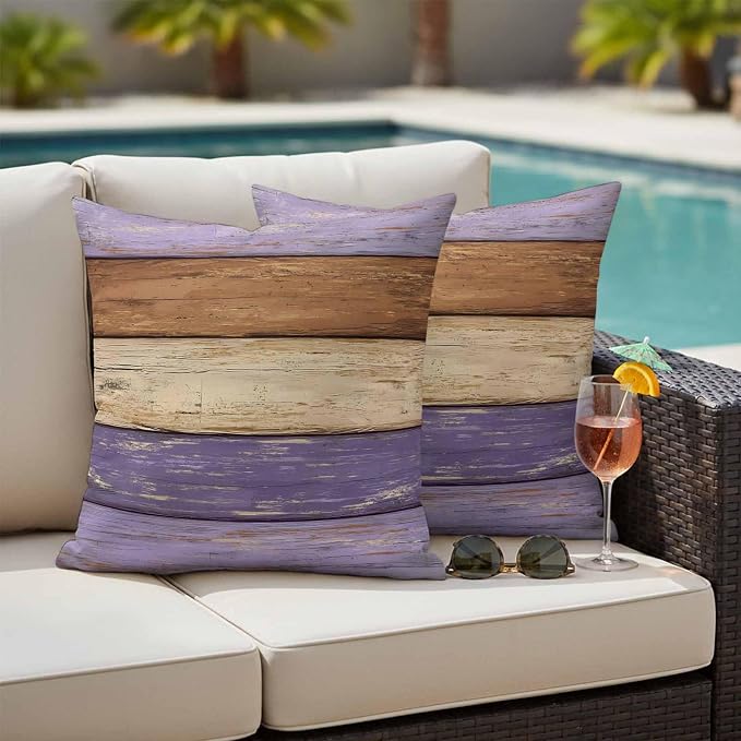 Farmhouse Purple Brown Outdoor Waterproof Pillow Covers, Vintage Wooden Striped Decorative Square Throw Pillowcase Sofa Cushion Sham for Patio/Couch/Chair, 26"x26" 2 Pack