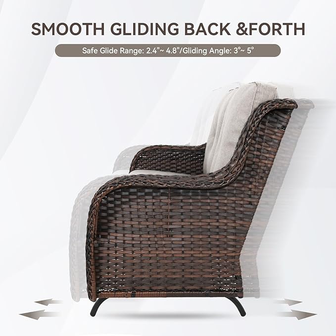 Patio Loveseat Wicker Loveseat Rattan Glider Sofa with Curved Armrest Thicking Back & Seat Cushions for Garden Balcony Backyard Brown Wicker|Beige Cushions (A) Patio Loveseat Glider
