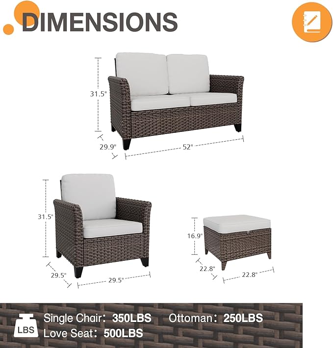 COOS BAY Harbor Retreat 5 Piece Outdoor Furniture Set, Patio Conversation Set with Patio Chairs, 2 Seat Loveseat and Ottomans, Wicker Furniture, Brown/Beige