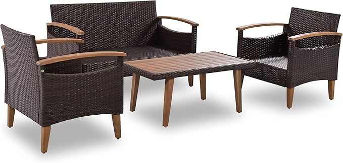 LUMISOL 4 Piece Patio Conversation Set Rattan Chair Set Outdoor Furniture Set with Cushions and Coffee Table for Backyard Porch Poolside, 4-Piece Wicker Patio Furniture Set (Beige)