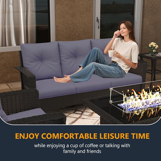 10 Pieces Outdoor Patio Furniture Set with Fire Pit Table, Wicker Patio Sectional Set Conversation Wicker Swivel Chairs with Small Side Table