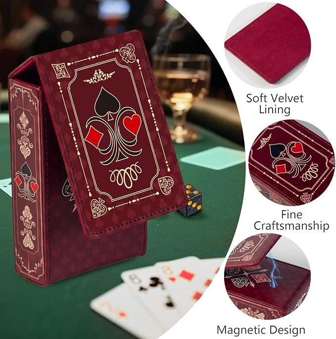 Leather Playing Card Box/Case, 4.7''x3''x1.3'' Deck of Cards Holder - Fits Bridge Cards, Playing Card Storage Box for Outdoor Travel Gaming (Red)