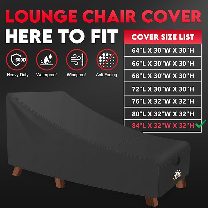 Zettum Outdoor Lounge Chair Cover - Waterproof Patio Chaise Lounge Chair Cover, 600D Heavy Duty Fade-Resistant Outdoor Seating Covers for Pool Lounge Chair, Lawn Bench Furniture 84 x 32 x 32 Inch