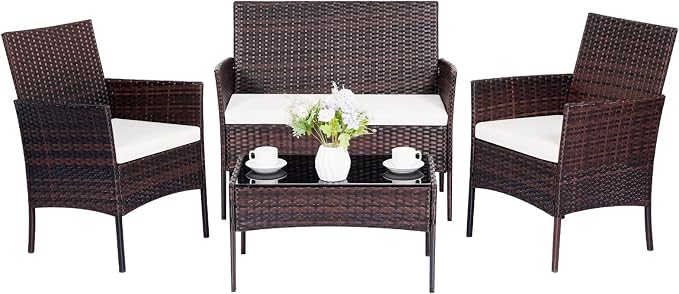 Patio Furniture Set, Outdoor Furniture Set 4 Pieces Patio Conversation Set PE Rattan Chair with Cushion Tempered Glass Table Garden Balcony Sets for Yard Pool Backyard Brown/Beige