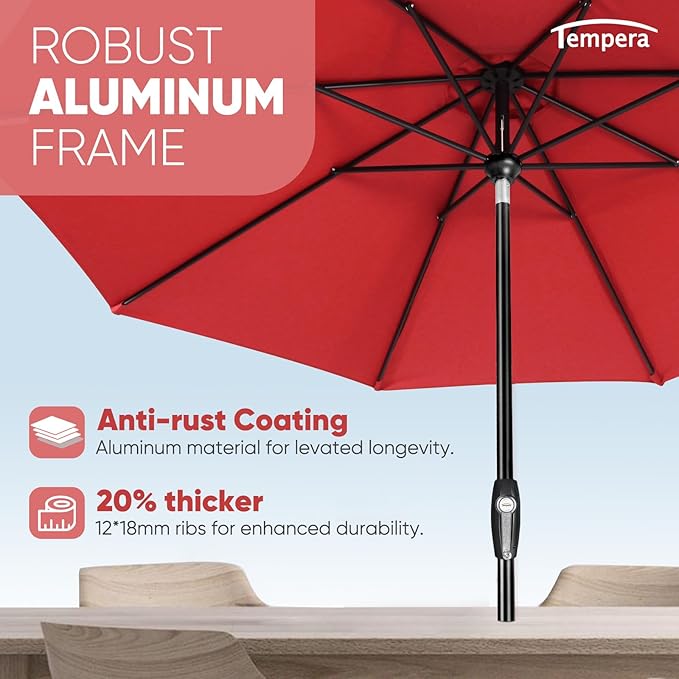 Tempera Patio Market Outdoor Table Umbrella with Auto Tilt and Crank, Large Sun Umbrella with Sturdy Pole & Fade Resistant Canopy, Easy to Set