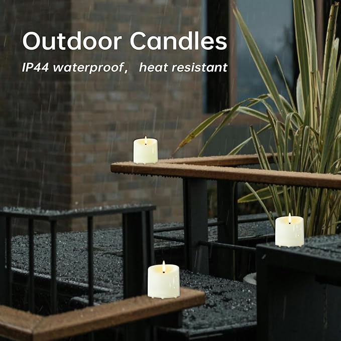 TECHLONG Outdoor Waterproof Flameless Candles with Timer, Remote Control Battery Operated Candles Flickering Last 600 Hours, 3"x3" Realistic Electric Fake LED Candles, Ivory Plastic, Set of 3