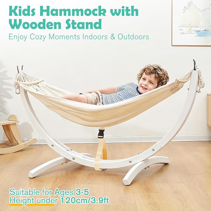 FUNLIO Wooden Hammock with Stand for Kids 3-5 Years (Height < 3.9ft/120cm), Premium Solid Wood Kids Hammock Chair Stand, Stable Structure, Wider & Longer Children Hammock, 220lbs Capacity - White