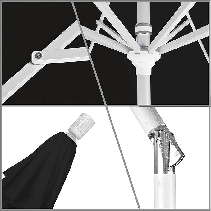 California Umbrella 9' Round Aluminum Market Umbrella, Crank Lift, Collar Tilt, White Pole, Black Olefin