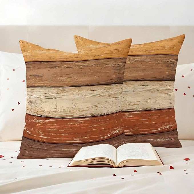 Farmhouse Burnt Orange Brown Outdoor Waterproof Pillow Covers, Vintage Wooden Striped Decorative Square Throw Pillowcase Sofa Cushion Sham for Patio/Couch/Chair, 26"x26" 2 Pack