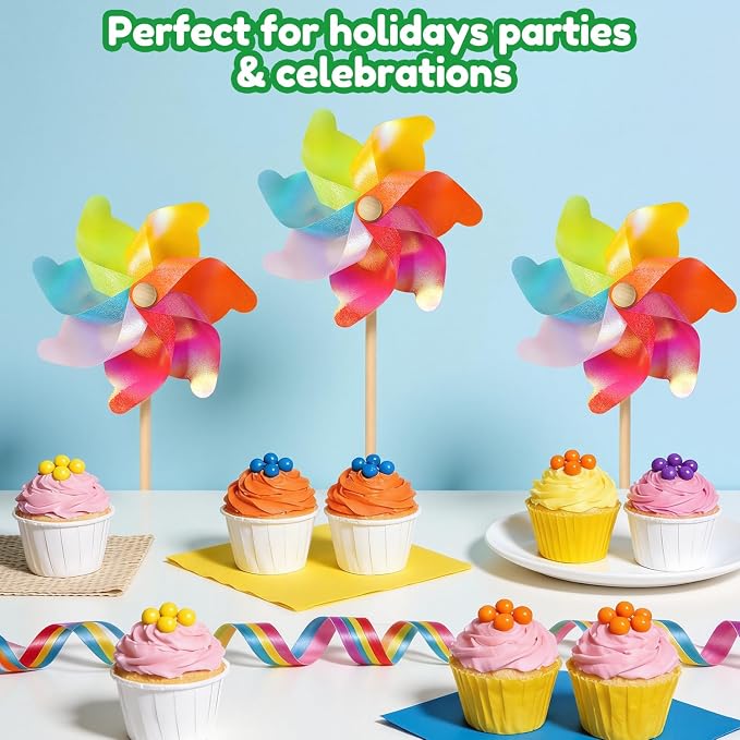 IilLittle 10 Pack Rainbow Pinwheel, Pinwheels for Kids | Assembly Instructions Included, Easy Assembly, Wooden Pole, PP Plastic, Waterproof, Sturdy