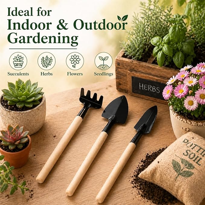Garden Tool Set, Mini Gardening Hand Tools with Wooden Handles, Hand Trowel, Transplanting Shovel and Hand Rake for Planting, Weeding, Digging, Soil Loosening, Indoor Outdoor Garden Use (White)