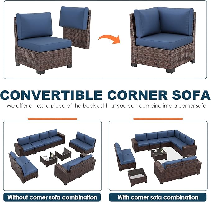 Patio Furniture Set, 12 Pieces Outdoor Sectional Sofa Conversation Sets with Waterproof Cover Modern Wicker Seating Set, 4'' Thickened Cushions & 2 Glass Coffee Table, Navy Blue